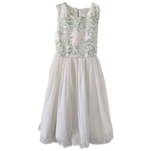 American Princess Girls White Mint Green Floral Embroidered Tulle Dress Size 7